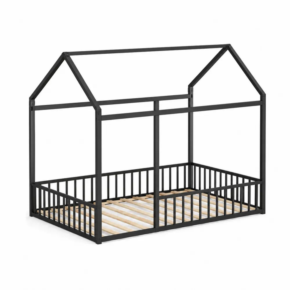 Lit Maison Enfant en Métal Noir 90x190 cm