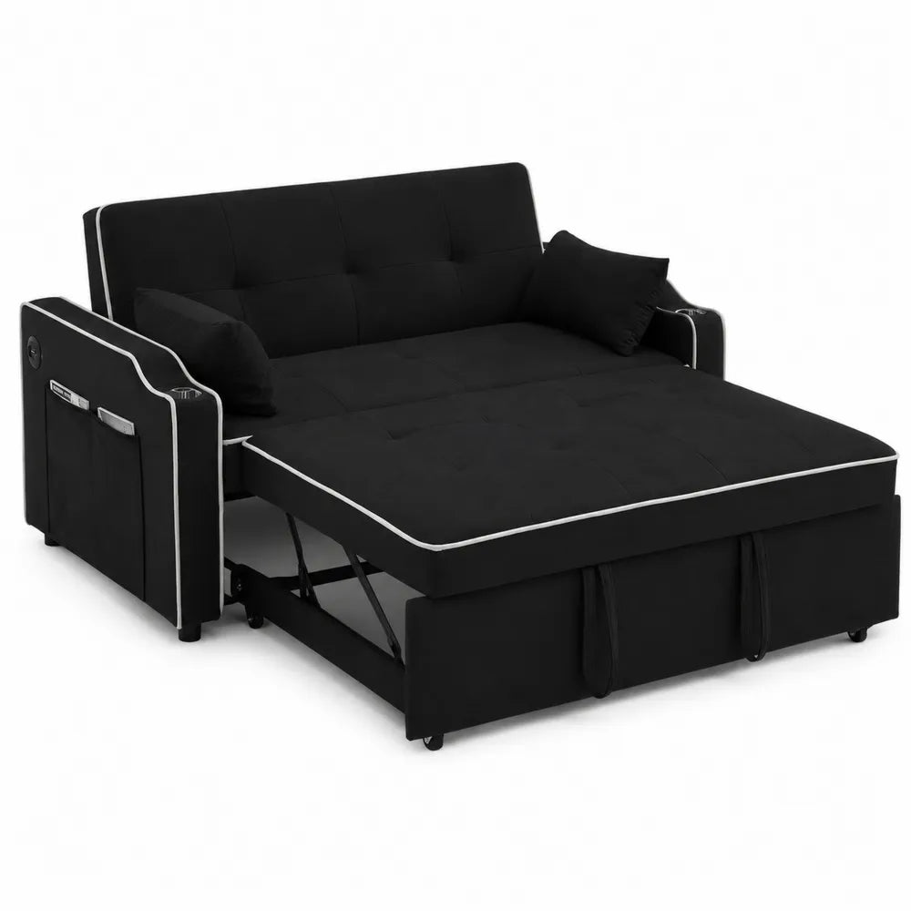 Canapé-lit noir en tissu avec accoudoirs et coussins