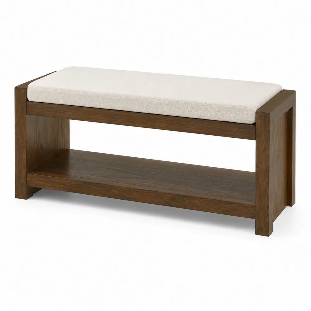 Banc en bois avec assise en tissu crème 100x40x45 cm