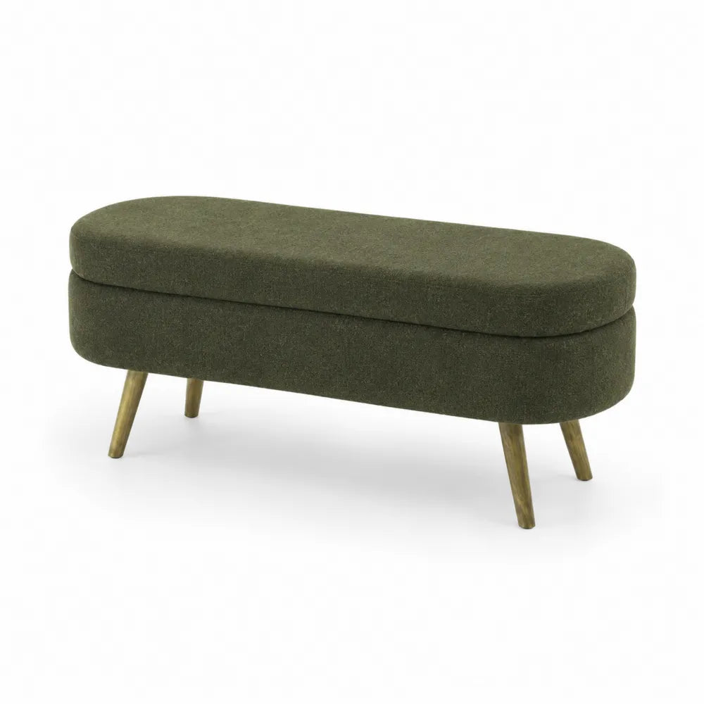 Banc ovale en tissu vert avec pieds en bois