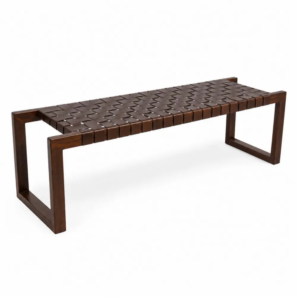 Banc rectangulaire en bois et cuir synthétique Marron